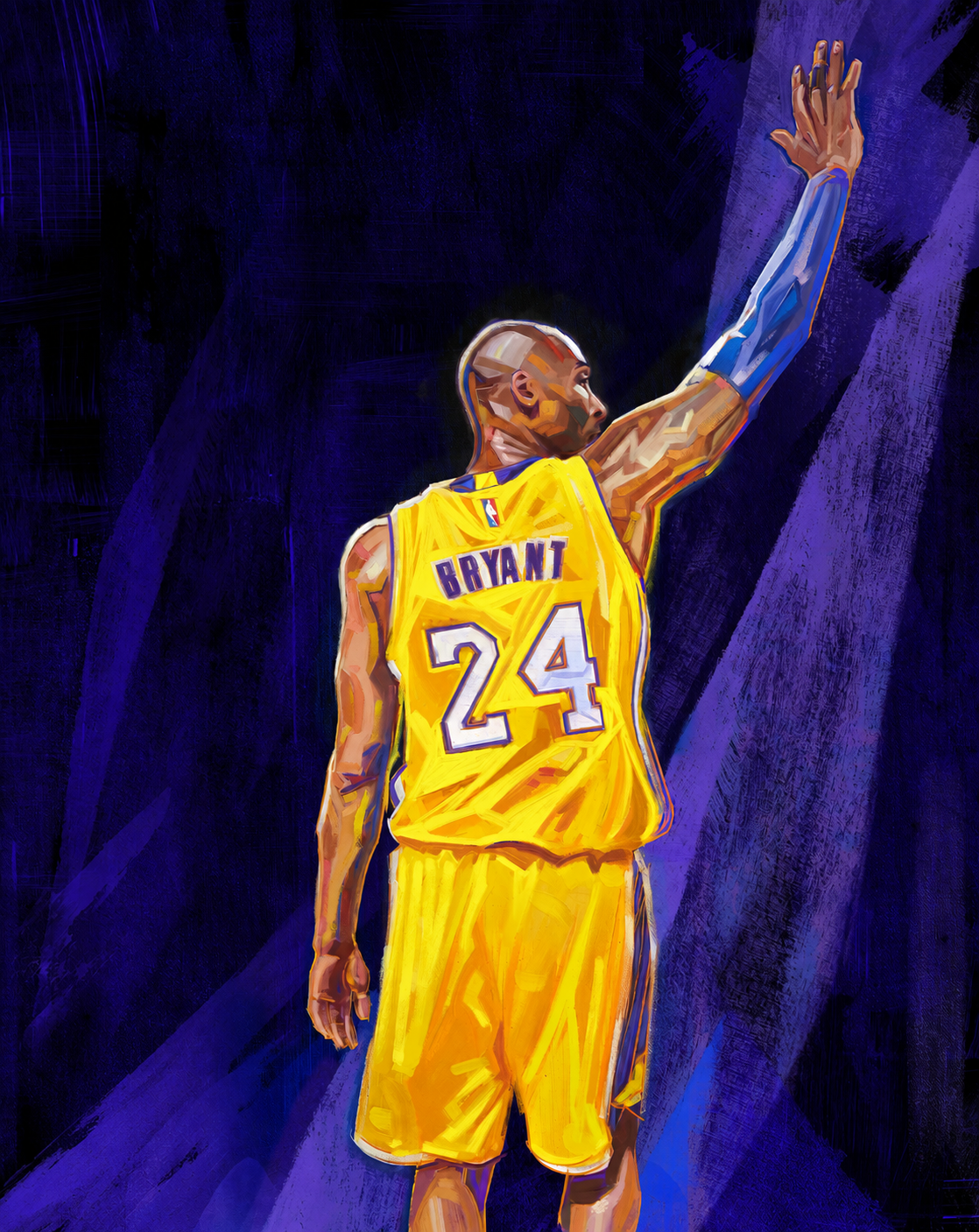 Painted basketball player in a yellow number 24 uniform